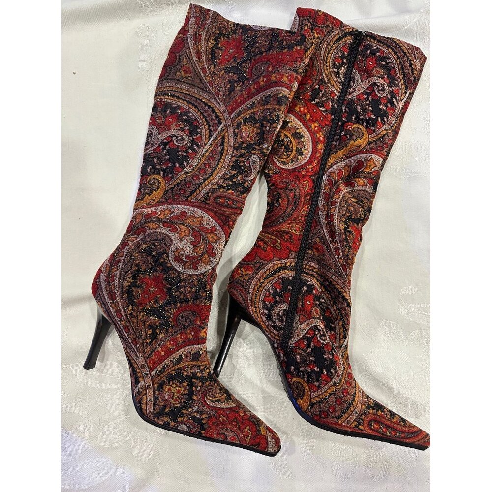 Womens Knee high heeled paisley zip up boots with sparkle. Brown and Scarlett co